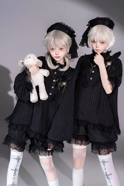 Black Stand Collar Long Short Sleeves Printed Ruffled Lace Gothic Ouji Lolita Set 2 Versions