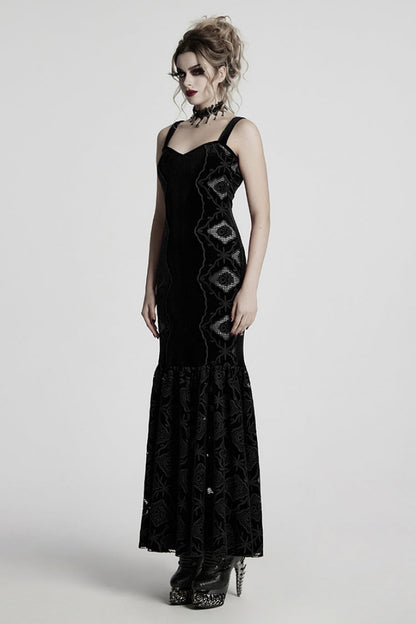Black Sleeveless Floral Embroidery Women's Gothic Fishtail Slip Dress
