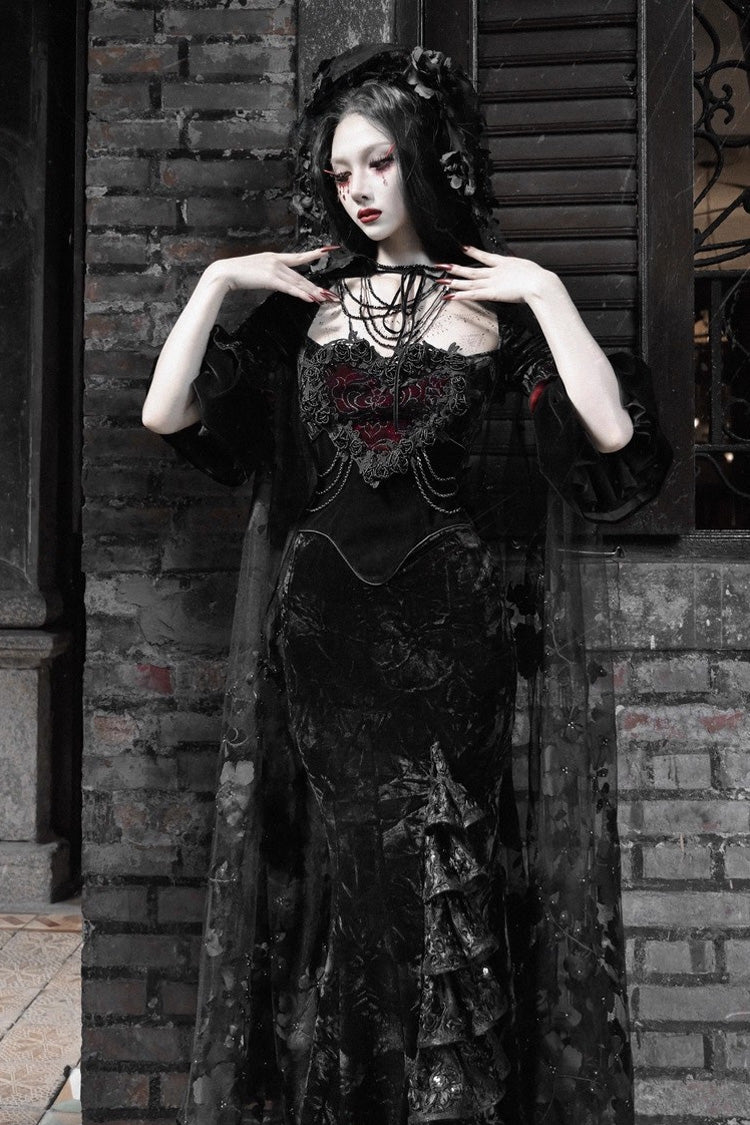 Black [Castle of Dark Romance] Square Collar Short Sleeves Multi-Layered Ruffled Embroidered Open-Front Lace Gothic Lolita Mermaid Dress