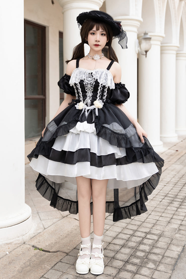 Black/White [Rose Of The Night Sea And Starry Sky] Off Shoulder Multi-Layered Ruffle Embroidery Sweet Lolita Dress