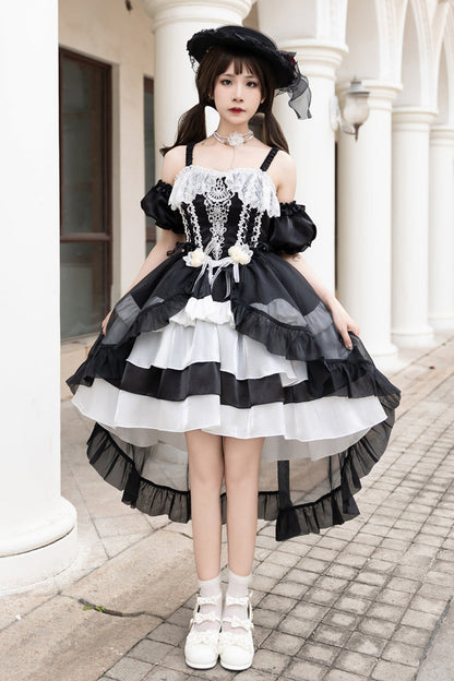 Black/White [Rose Of The Night Sea And Starry Sky] Off Shoulder Multi-Layered Ruffle Embroidery Sweet Lolita Dress