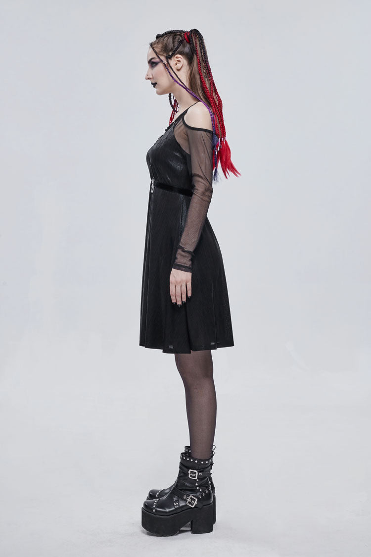 Black Stretch Knit Patchwork Fine Mesh V Neck Cross Tie Metal Pentagram Buckle Strap Women's Punk Dress
