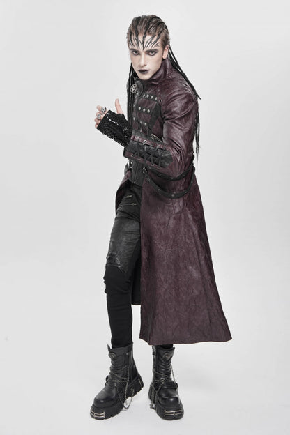 Red Stand Collar Zipper Straps Eyelet Men's Punk Coat