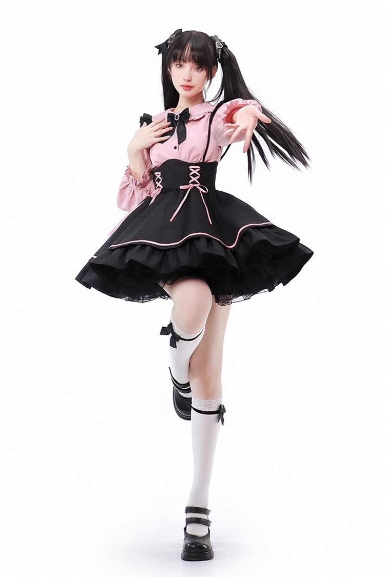 Black/Pink First Sakura Long Sleeves Multi-layer Lace-Up Sweet Jirai Kei Japanese Set