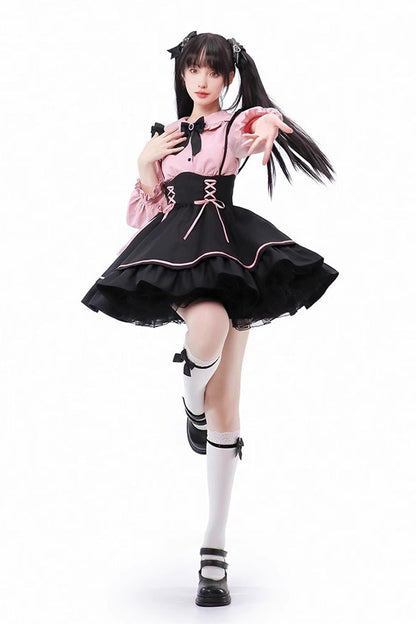 Black/Pink First Sakura Long Sleeves Multi-layer Lace-Up Sweet Jirai Kei Japanese Set