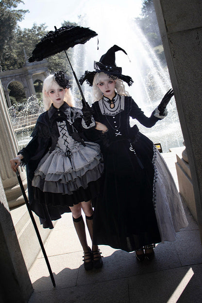 Black/Grey Witch Long Sleeves Gradient Multi-Layered Ruffle Bowknot Lace Gothic Chinese Style Lolita Dress