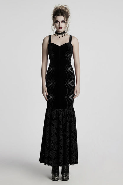 Black Sleeveless Floral Embroidery Women's Gothic Fishtail Slip Dress