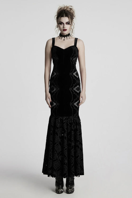 Black Sleeveless Floral Embroidery Women's Gothic Fishtail Slip Dress