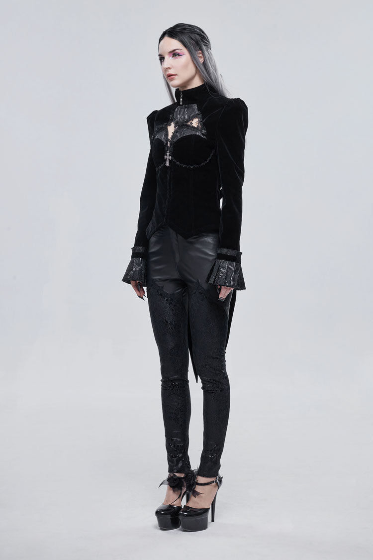 Black Vintage Shiny Jacquard Bat Cutout Applique Women's Gothic Jacket