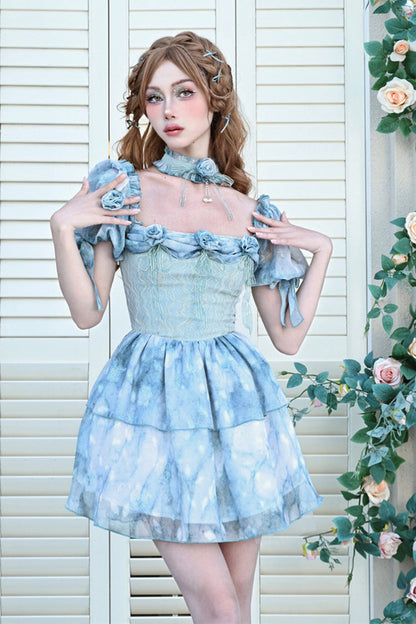 Blue Square Collar Short Puff Sleeves Multi-Layered Print Ruffle Bowknot Tie-dyed Sweet Princess Lolita Dress