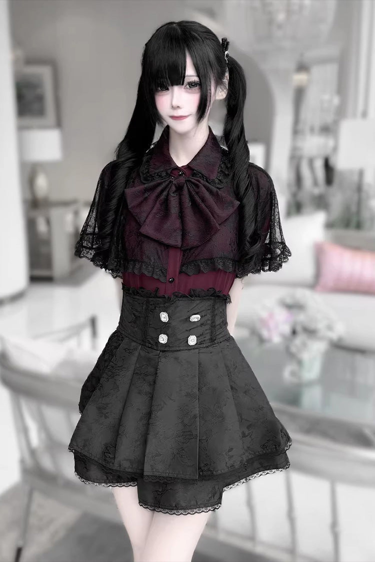 [Dark Moon Shadow] Short Sleeves Double-Layered Ruffled Embroidered Bow Lace-Up Gothic Jirai Kei Lolita Top + Skirt Set