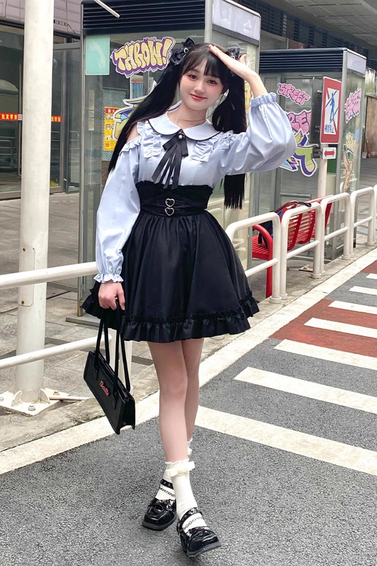 Black/Blue Off Shoulder Long Sleeves Ruffle Bowknot Sweet Jirai Kei Japanese Set