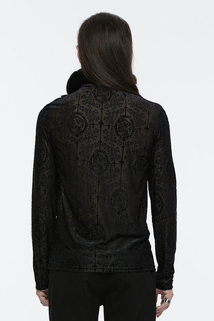 Black Stand Collar Long Sleeves Print Ruffle Men's Gothic Blouse