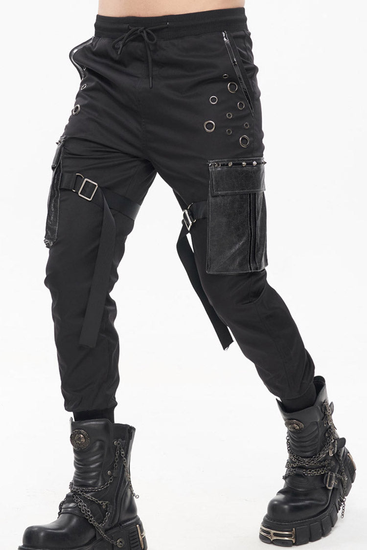 Black Punk Multi-Pocket Leather Splicing Metal Leg Ring Men's Pants
