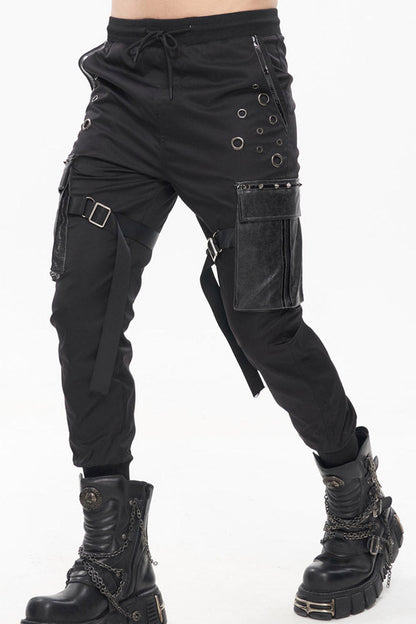 Black Punk Multi-Pocket Leather Splicing Metal Leg Ring Men's Pants