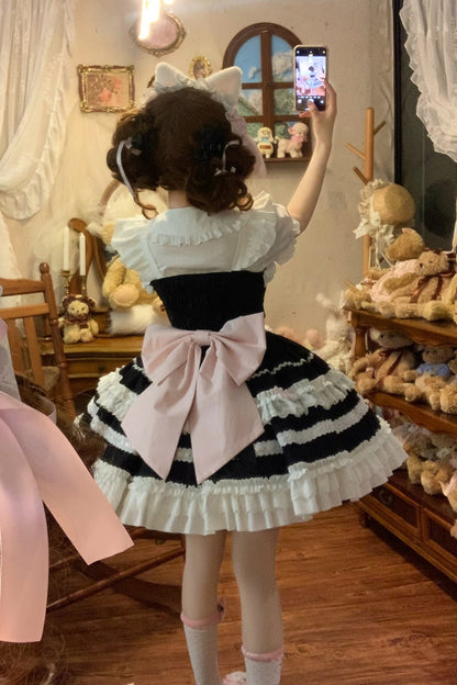 Black [Meowling Sweet Maid] Sleeveless Multi-Layered Ruffle Bowknot Lace Sweet Princess Lolita Jsk Dress