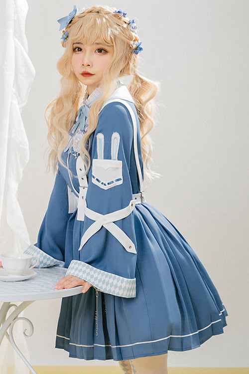 Blue Retro Trumpet Sleeves Alice Detective Sweet Lolita OP Dress