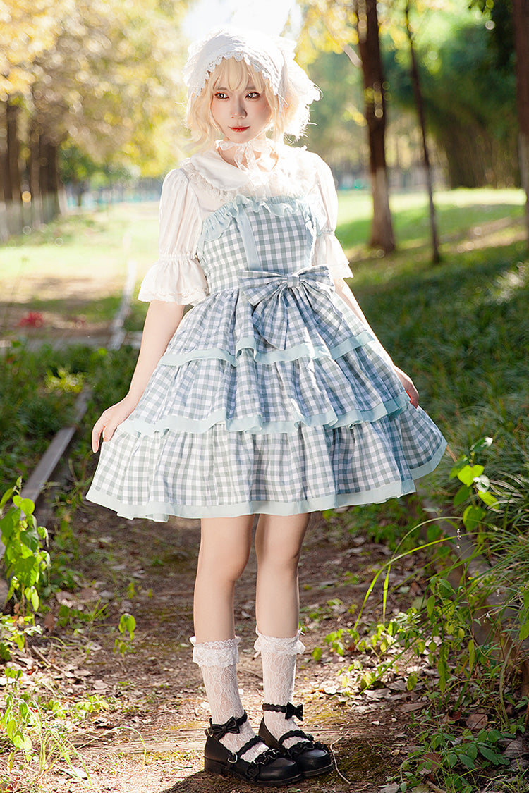 Blue [Cloth Cat] Triple-Layered Plaid Print Ruffle Bowknot Sweet Lolita Dress 2 Colors