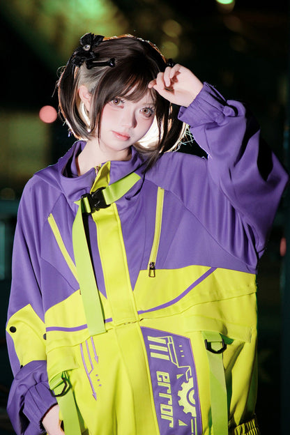 Neon Purple/Green [Zero-Type Transformation] Techwear Long Sleeves Embroidered Hooded Punk Jirai Kei Shorts Coat Set