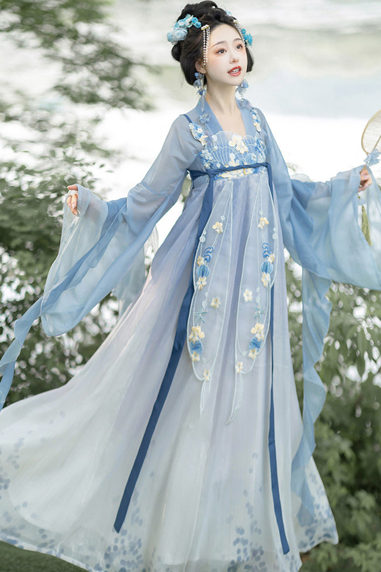 Blue [Princess Of The Sea] Hime Sleeves High Waisted Embroidered Women's Sweet Hanfu Dress Set