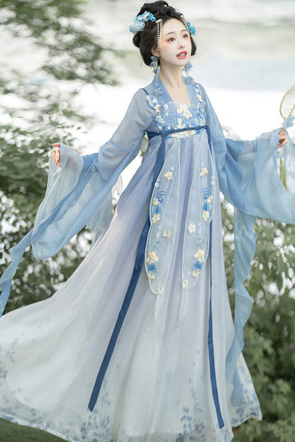 Blue [Princess Of The Sea] Hime Sleeves High Waisted Embroidered Women's Sweet Hanfu Dress Set