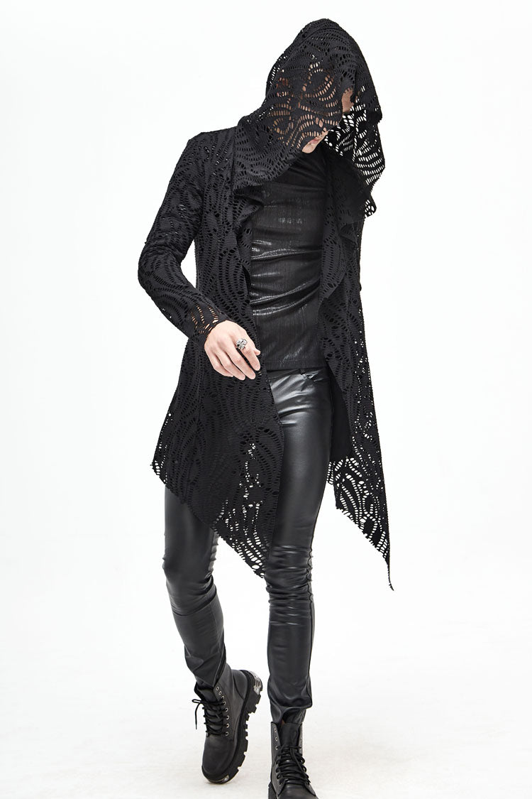 Black V Neck Long Sleeve Sharp Corner Hem Broken Holes Men's Punk Coat