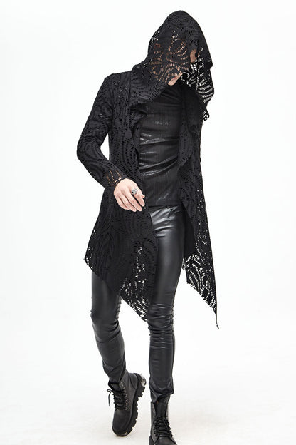 Black V Neck Long Sleeve Sharp Corner Hem Broken Holes Men's Punk Coat