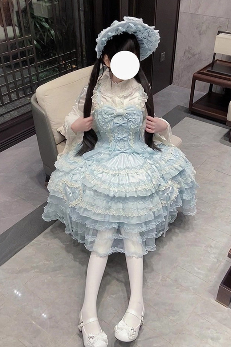 Blue [Sweetheart Diary] Multi-Layered Ruffle Hanayome Embroidery Bowknot Lace Sweet Lolita Jsk Dress
