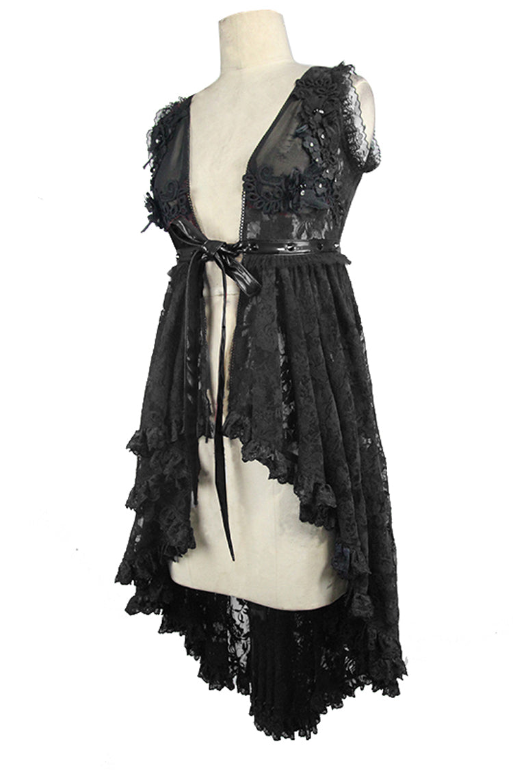 Black Waist Knot Back Lace-Up Frill Hem Sleeveless Rose Lace Mesh Women's Gothic T-Shirt