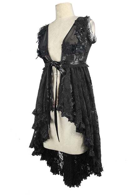 Black Waist Knot Back Lace-Up Frill Hem Sleeveless Rose Lace Mesh Women's Gothic T-Shirt
