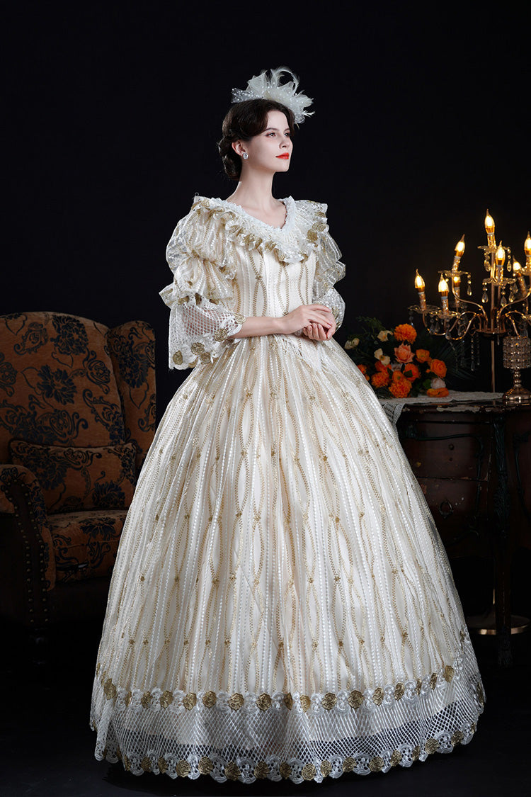 Champagne Long Puff Sleeves Ruffled Cut-Out Mesh Classic Vintage Palace Lolita Victorian Dress
