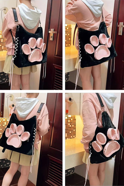 Black/Pink Cute Lace-Up Dog/Cat Paw Sweet Lolita Itabag