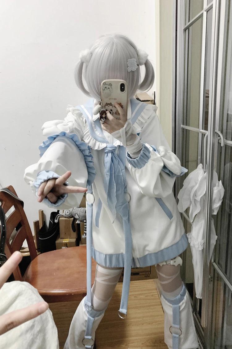 White/Blue Letter from an Angel Long Sleeves Print Jirai Kei Handsome Coat