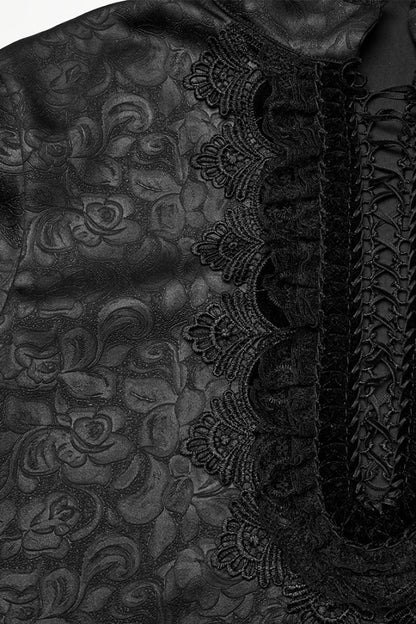 Black Stand Collar Long Sleeves Ruffle Embroidery Lace-Up Plunging Rose Men's Gothic Blouse