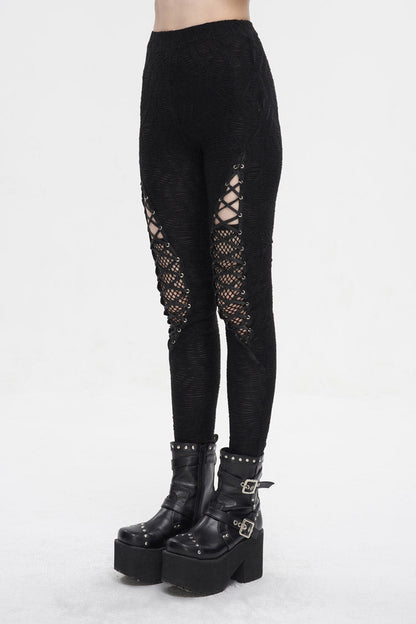Black Strappy Mesh Splice Ruched Women's Punk Leggings