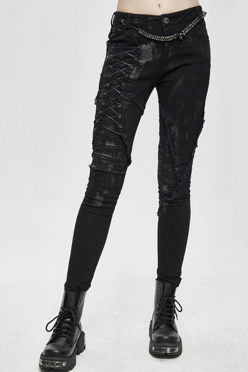 Black Punk Hand Painted Laced Up Legs Cool Womens Pants