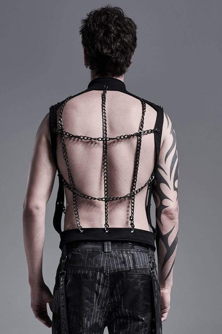 Black Stand Collar Single-breasted Metal Rivet Chain Decoration Hollow Mens Steampunk Vest
