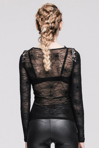 Black Sexy Transparent Spiderweb Back Mesh Long Sleeves Punk Women T-Shirt