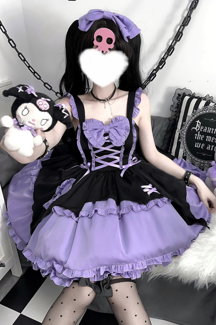 Black/Purple [Halloween Little Witch] Sleeveless Double-Layered Ruffle Bowknot Lace-Up Gothic Lolita Jsk Dress