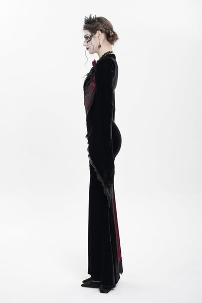 Black/Red V Collar Long Trumpet Sleeves Floral Embroidered Velvet Women's Gothic Dress