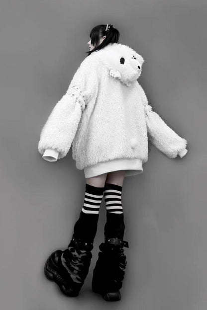 White Long Sleeves Bear Ears Hooded Zippered Gothic Jirai Kei Lolita Coat