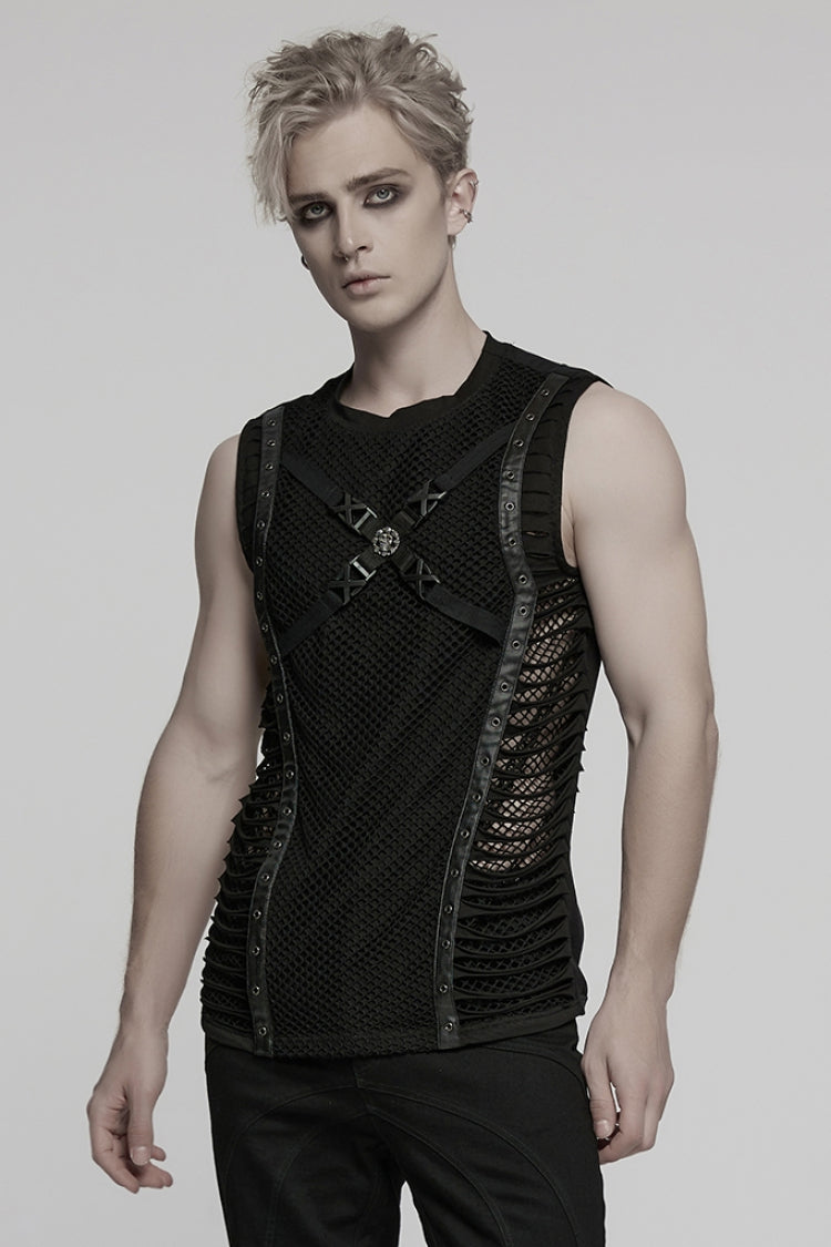Black Round Collar Sleeveless Stitching Mesh Buckle Men's Punk Vest