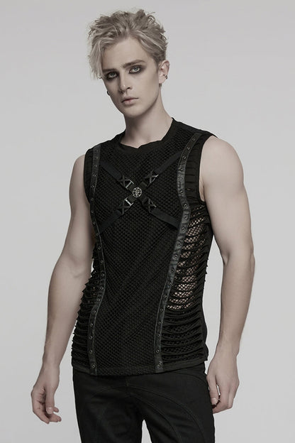 Black Round Collar Sleeveless Stitching Mesh Buckle Men's Punk Vest