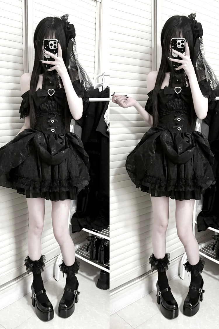 Black [Rose Dream] Halterneck Short Sleeves Print Ruffle Bowknot Lace Gothic Jirai Kei Dress
