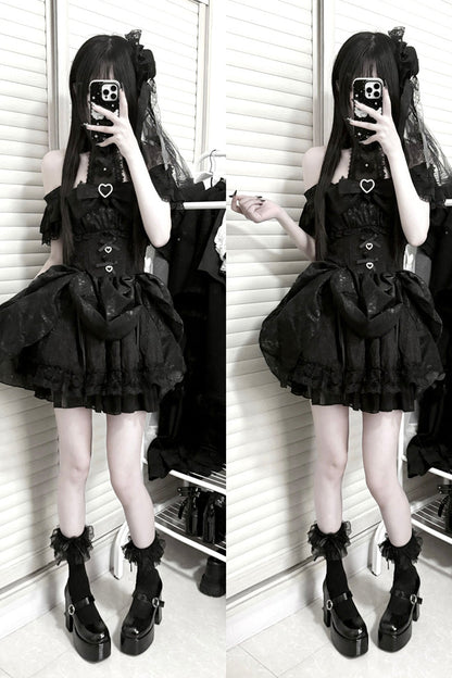 Black [Rose Dream] Halterneck Short Sleeves Print Ruffle Bowknot Lace Gothic Jirai Kei Dress