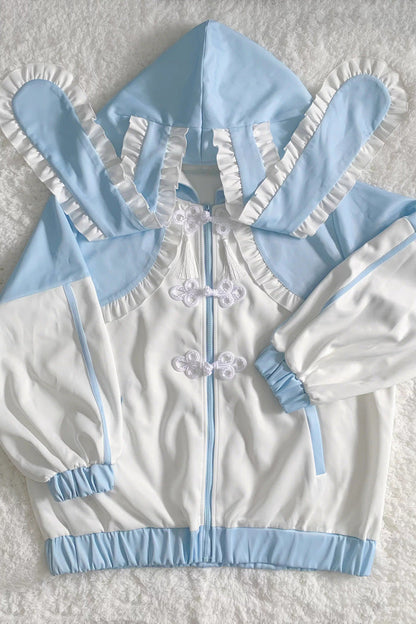 White/Blue Rabbit Ears Long Sleeves Ruffle Hooded Jirai Kei Japanese Coat