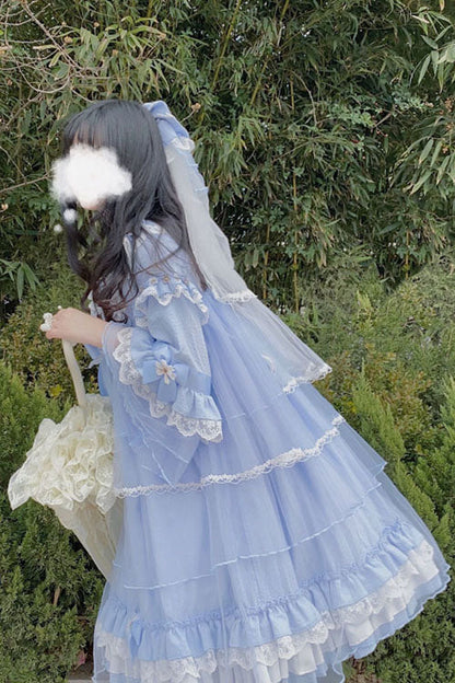 Blue Bowknot Trumpet Sleeves Multi-Layer Ruffled Sweet Lolita OP Tiered Dress