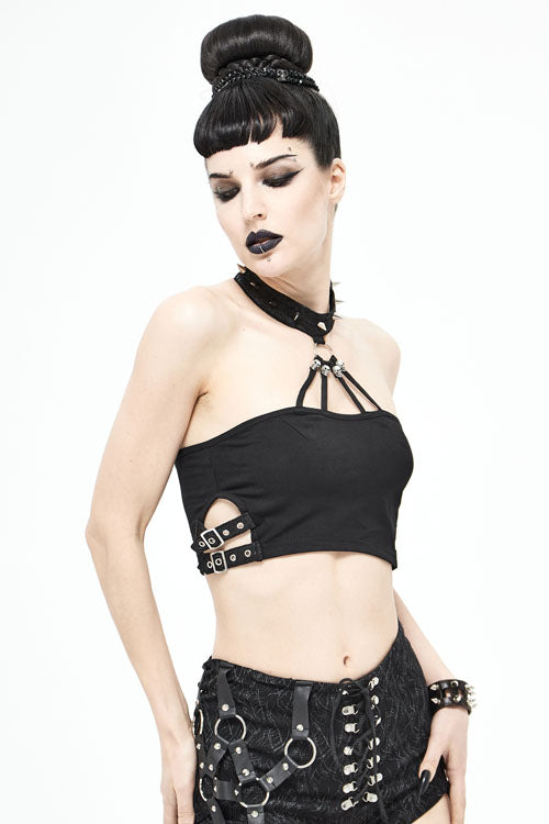 Black Sexy Strapless Cotton Mini Womens Punk T-shirt With Chocker