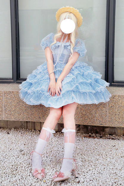 Blue Short Sleeves Multi-Layered Ruffle Hanayome Bowknot Lace Plus Size Sweet Lolita Dress
