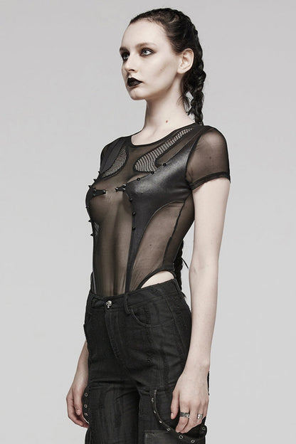 Black Short Sleeves Sheer Mesh Women's Punk Bodysuit